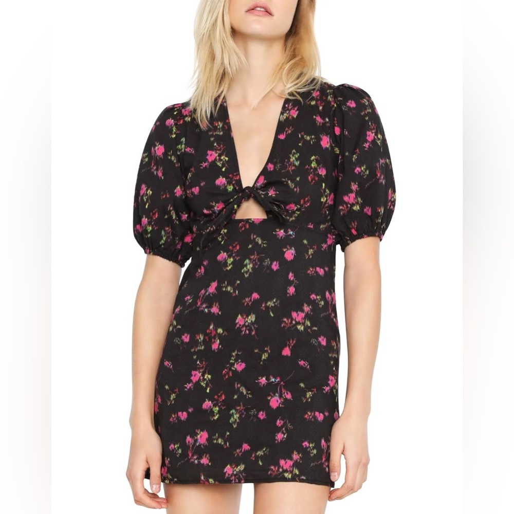 Pam & Gela Womens Neon Ditsy Puff Sleeve Cut-Out V-Neck Mini Dress Medium